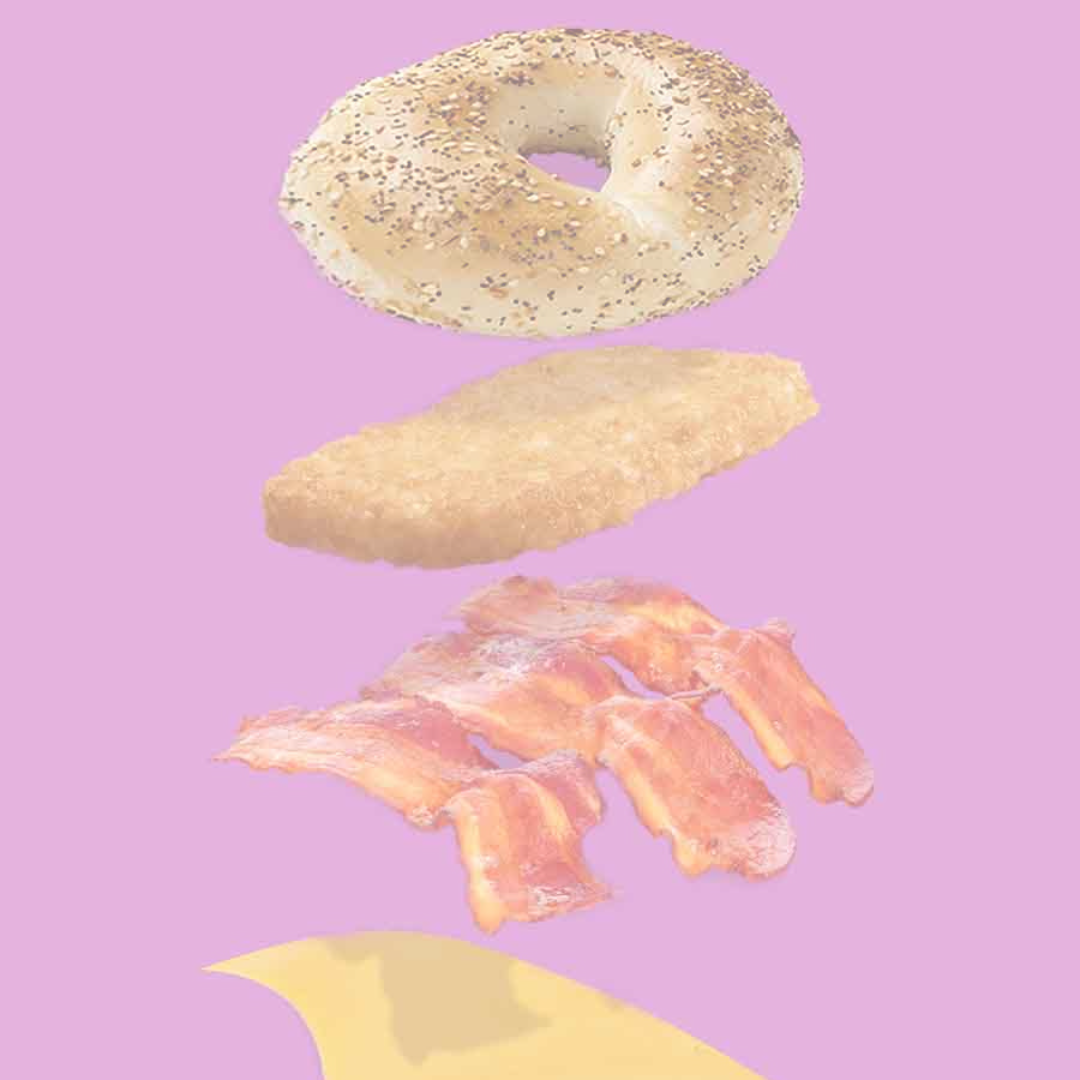 low opacity version of an image of a falling stack of a bacon, egg, cheese, has brown sandwich on an everything bagel with a pink background